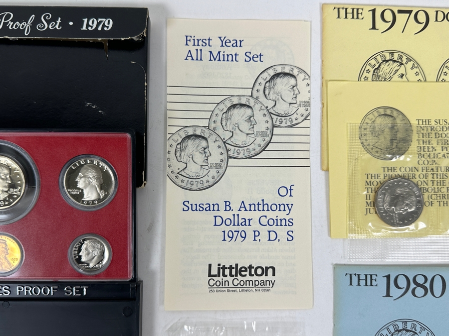 1979 United States Mint Proof Coin Set, First Year All Mint Set Of Susan B. Anthony Dollar Coins P. D. S., The 1979 Dollar Souvenir Set With 3 Susan B. Anthony Dollar Coins And (1) 1980 Dollar Souvenir Set With 3 Susan B. Anthony Dollar Coins [Photo 5]