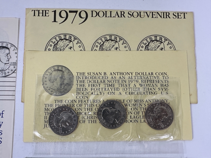 1979 United States Mint Proof Coin Set, First Year All Mint Set Of Susan B. Anthony Dollar Coins P. D. S., The 1979 Dollar Souvenir Set With 3 Susan B. Anthony Dollar Coins And (1) 1980 Dollar Souvenir Set With 3 Susan B. Anthony Dollar Coins [Photo 7]
