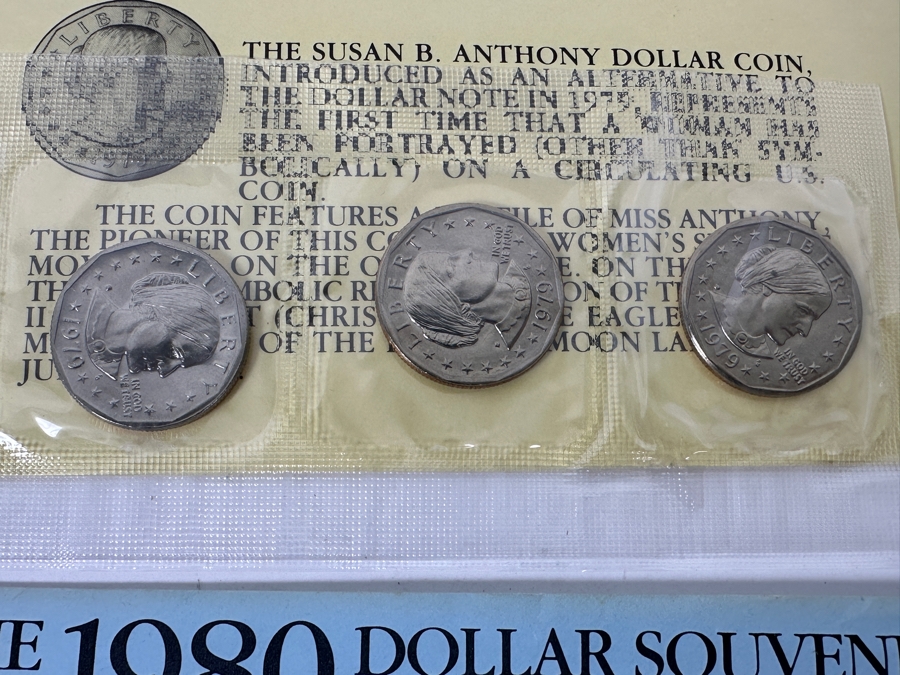 1979 United States Mint Proof Coin Set, First Year All Mint Set Of Susan B. Anthony Dollar Coins P. D. S., The 1979 Dollar Souvenir Set With 3 Susan B. Anthony Dollar Coins And (1) 1980 Dollar Souvenir Set With 3 Susan B. Anthony Dollar Coins [Photo 8]