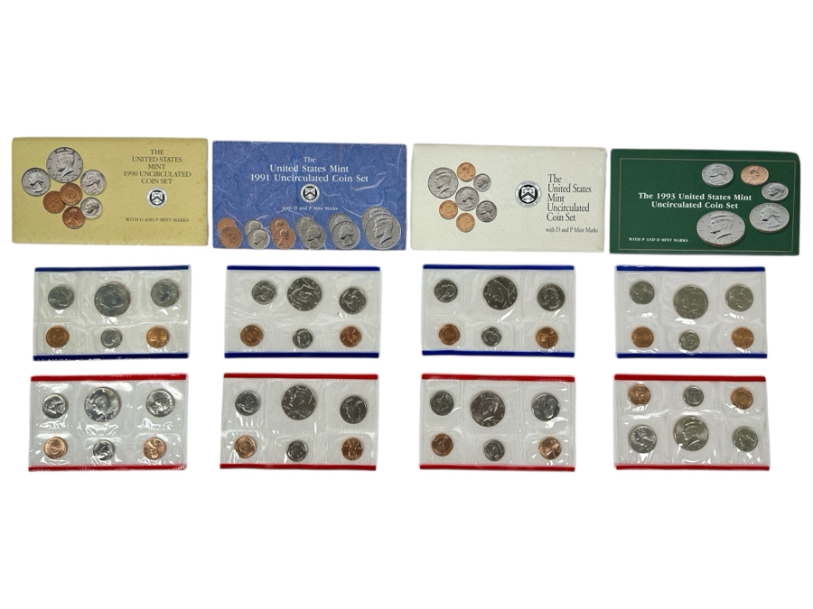 1990, 1991, 1992 & 1993 United States Mint Uncirculated Coin Sets With D And P Mint Marks