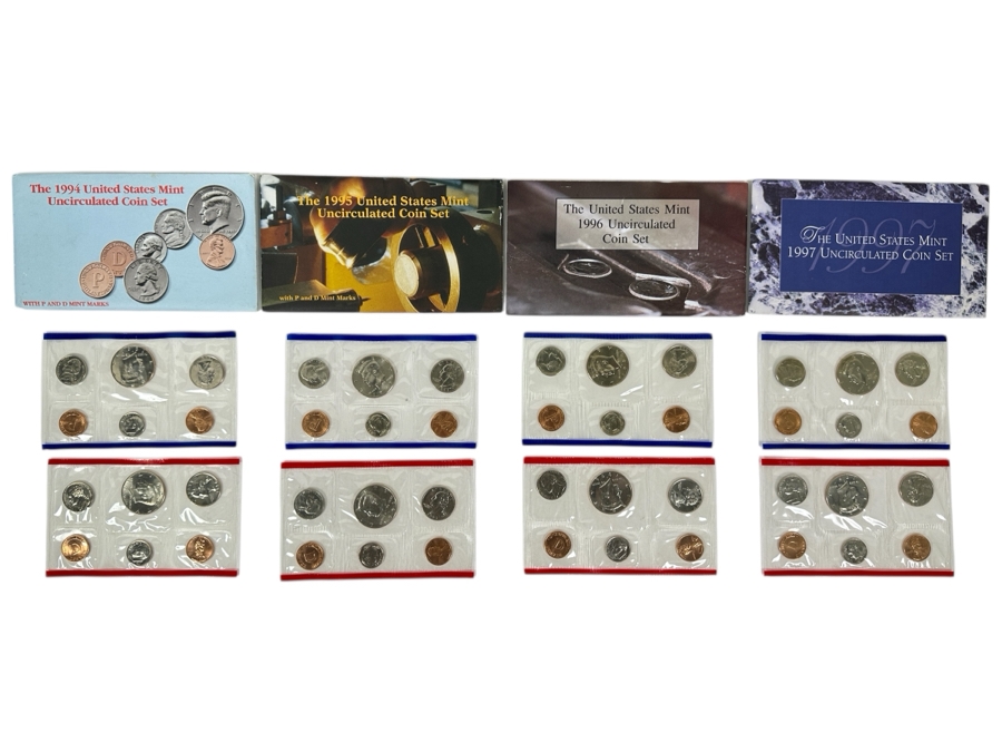 1994, 1995, 1996 & 1997 United States Mint Uncirculated Coin Sets With D And P Mint Marks	
