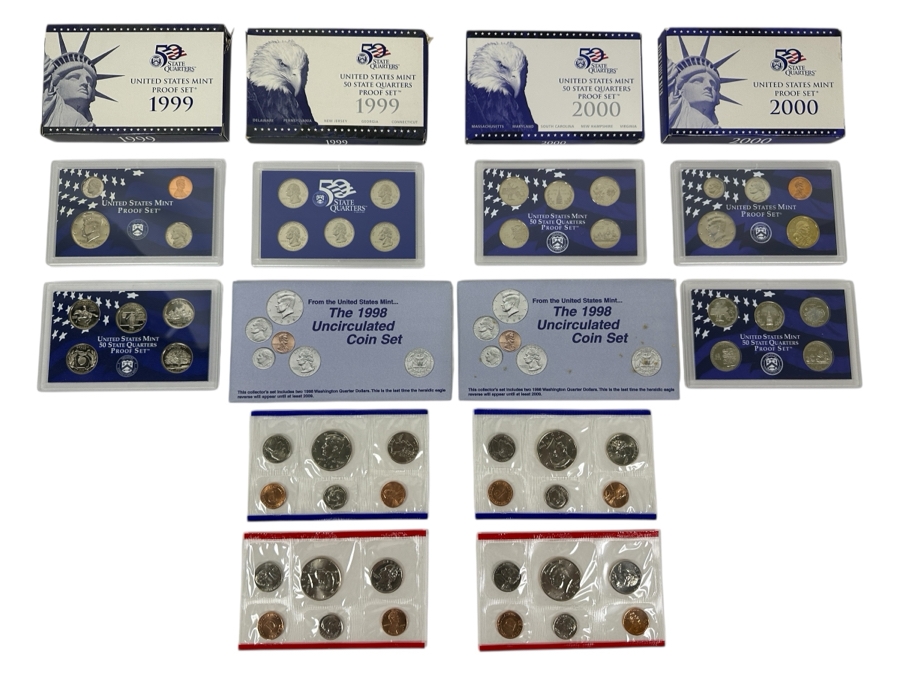 (2) 1998 United States Mint Uncirculated Coin Sets With D And P Mint Marks, (1) 1999 & 2000 United States Mint Proof Sets And 1999 & 2000 United States Mint 50 State Quarters Proof Sets
