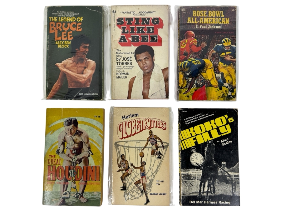 (6) Sports Related Paperback Books: Bruce Lee, Muhammad Ali, Rose Bowl All-American, The Great Houdini, Harlem Globetrotters & Koko’s Filly Del Mar Harness Racing