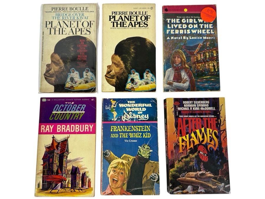 (6) Paperback Books: Planet Of The Apes, Signed The Girl Who Lived On The Ferris Wheel Signed By Louise Moeri, Ray Bradbury, Disney Frankenstein And The Whiz Kid And After The Flames Sci-Fi Book