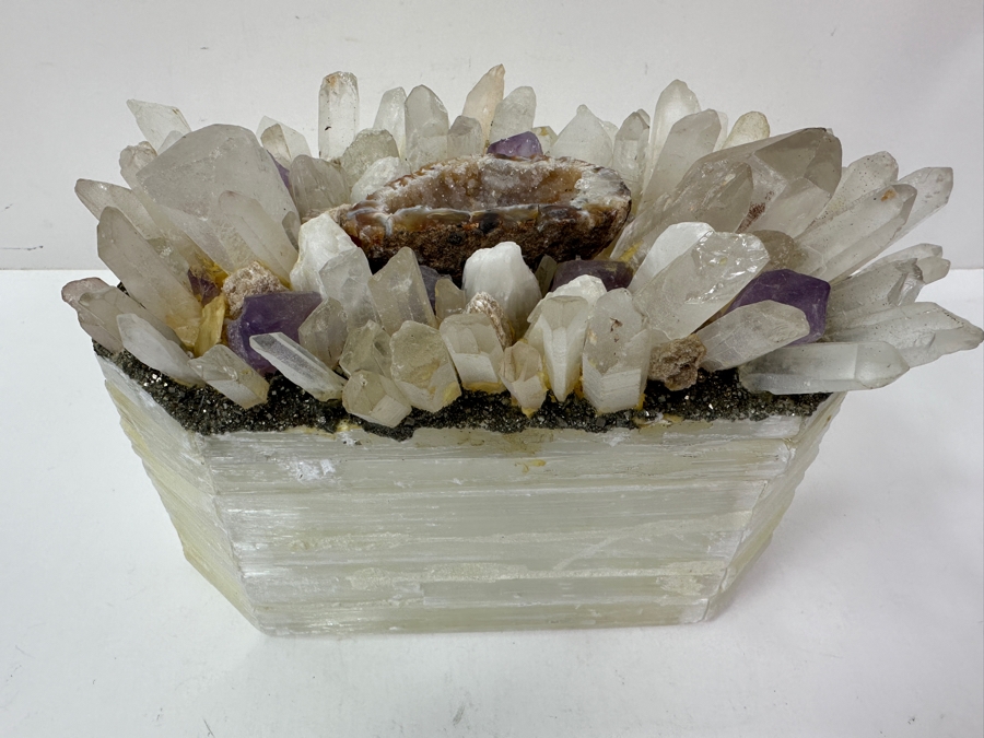 Selenite Crystal Box With Various Crystals, Amethysts & Geode On Top 8.5W X 5D X 6.5H [Photo 6]