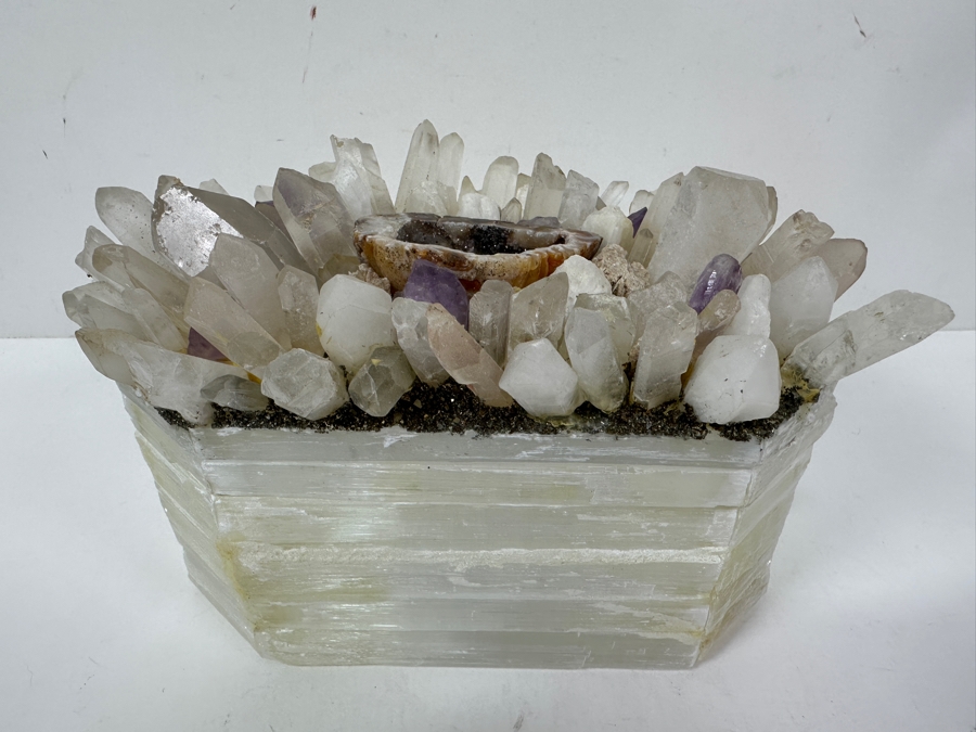 Selenite Crystal Box With Various Crystals, Amethysts & Geode On Top 8.5W X 5D X 6.5H [Photo 2]