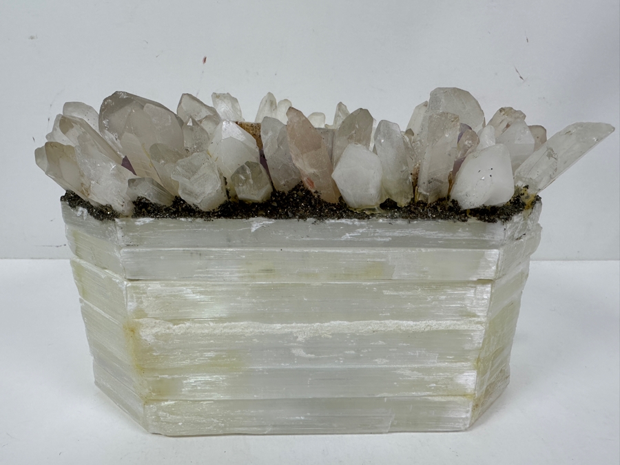 Selenite Crystal Box With Various Crystals, Amethysts & Geode On Top 8.5W X 5D X 6.5H [Photo 3]