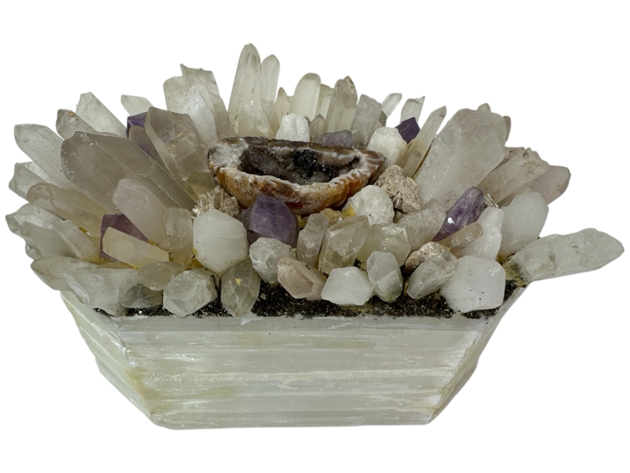 Selenite Crystal Box With Various Crystals, Amethysts & Geode On Top 8.5W X 5D X 6.5H