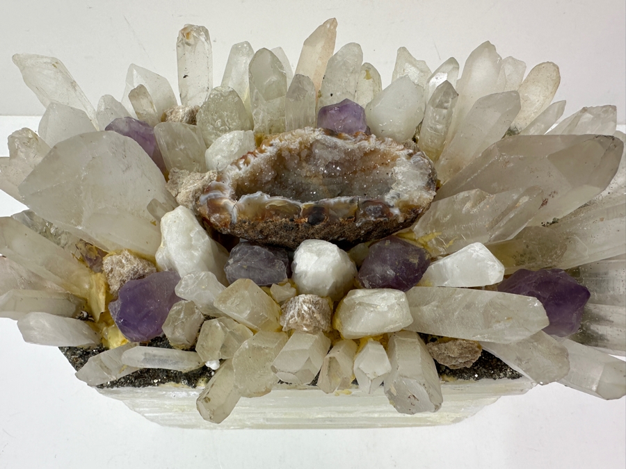 Selenite Crystal Box With Various Crystals, Amethysts & Geode On Top 8.5W X 5D X 6.5H [Photo 8]