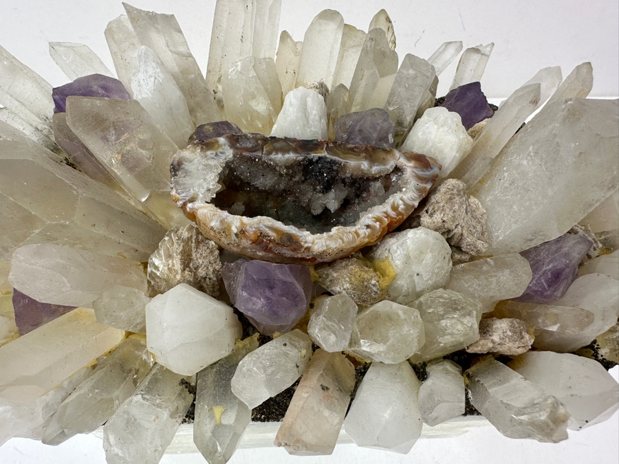 Selenite Crystal Box With Various Crystals, Amethysts & Geode On Top 8.5W X 5D X 6.5H [Photo 4]