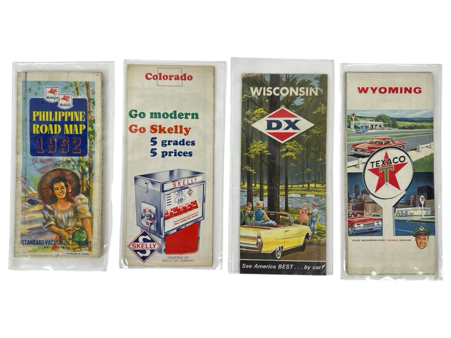 (4) Vintage Gasoline Sponsored Road Maps From The Philippines, Colorado, Wisconsin And Wyoming