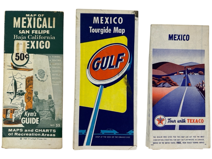(3) Vintage Gasoline Sponsored Road Maps From Mexico