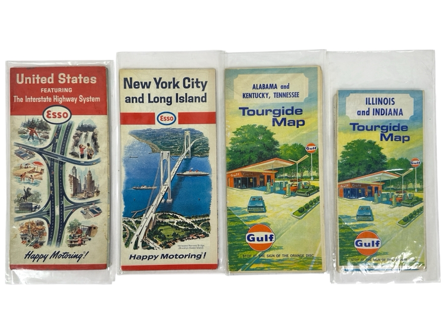 (4) Vintage Gasoline Sponsored Road Maps From The United States, New York City And Long Island, Alabama, Kentucky And Tennessee And Illinois And Indiana