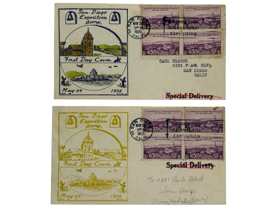 Pair Of Vintage 1935 California Pacific International Exposition In San Diego’s Balboa Park First Day Stamp Covers