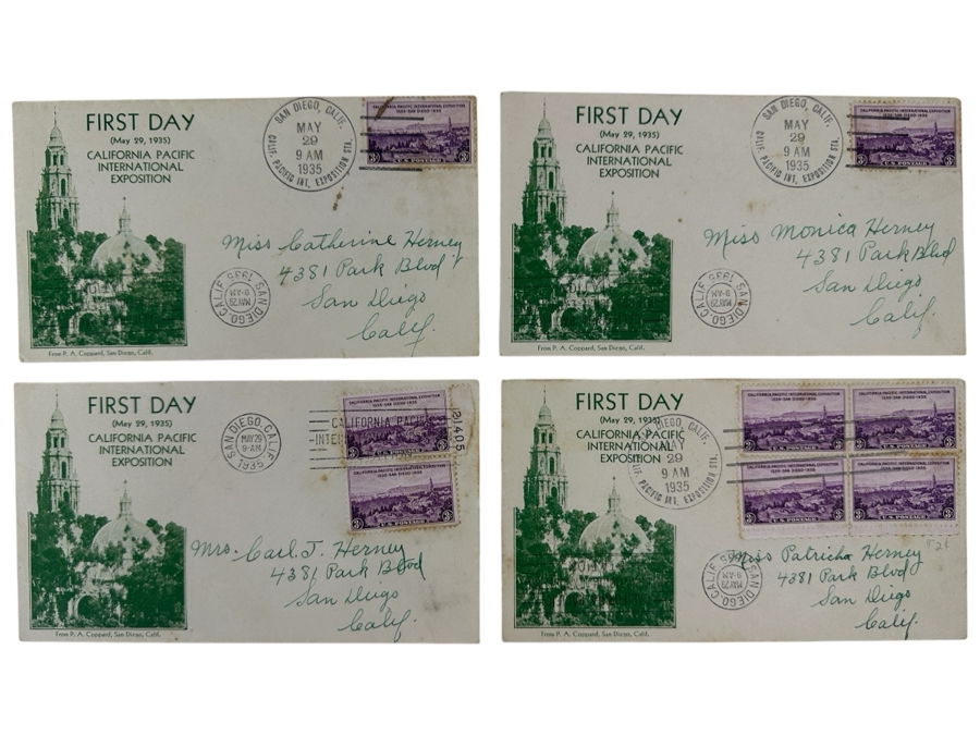 (4) Vintage 1935 California Pacific International Exposition In San Diego’s Balboa Park First Day Stamp Covers
