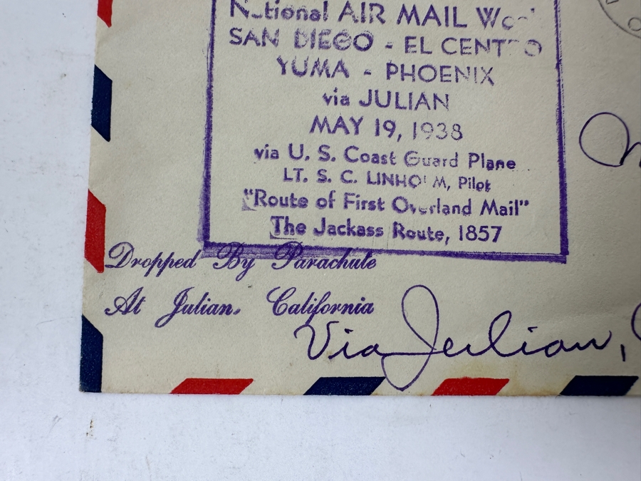 Vintage 1938 National Air Mail Service San Diego To El Centro, Yuma & Phoenix With A Stop In Julian Piloted By U.S. Coast Guard Pilot LT. S. C. Linhom “Route Of First Overland Mail” Jackass Route 1847 Dropped By Parachute At Julian First Day Cover Stamp [Photo 3]