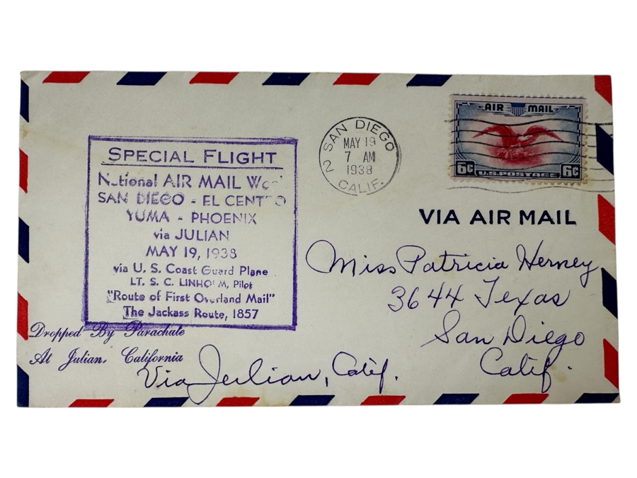 Vintage 1938 National Air Mail Service San Diego To El Centro, Yuma & Phoenix With A Stop In Julian Piloted By U.S. Coast Guard Pilot LT. S. C. Linhom “Route Of First Overland Mail” Jackass Route 1847 Dropped By Parachute At Julian First Day Cover Stamp