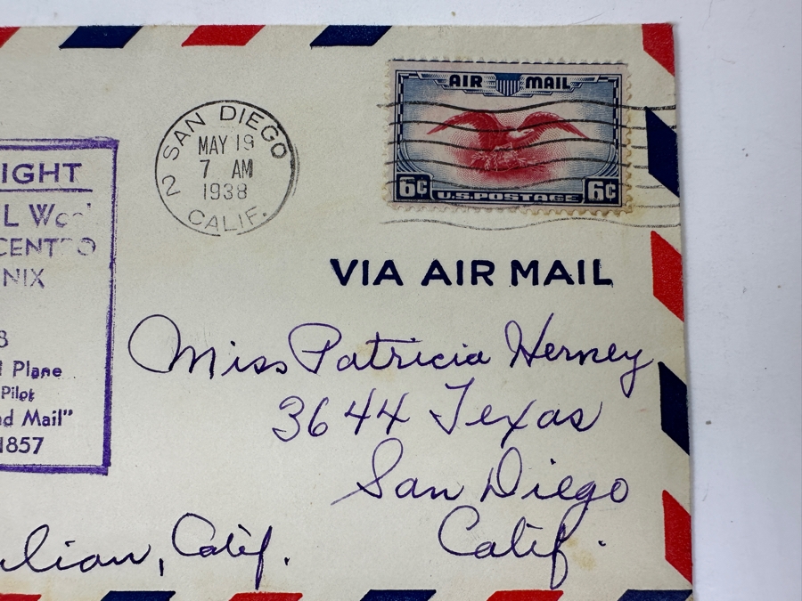 Vintage 1938 National Air Mail Service San Diego To El Centro, Yuma & Phoenix With A Stop In Julian Piloted By U.S. Coast Guard Pilot LT. S. C. Linhom “Route Of First Overland Mail” Jackass Route 1847 Dropped By Parachute At Julian First Day Cover Stamp [Photo 4]