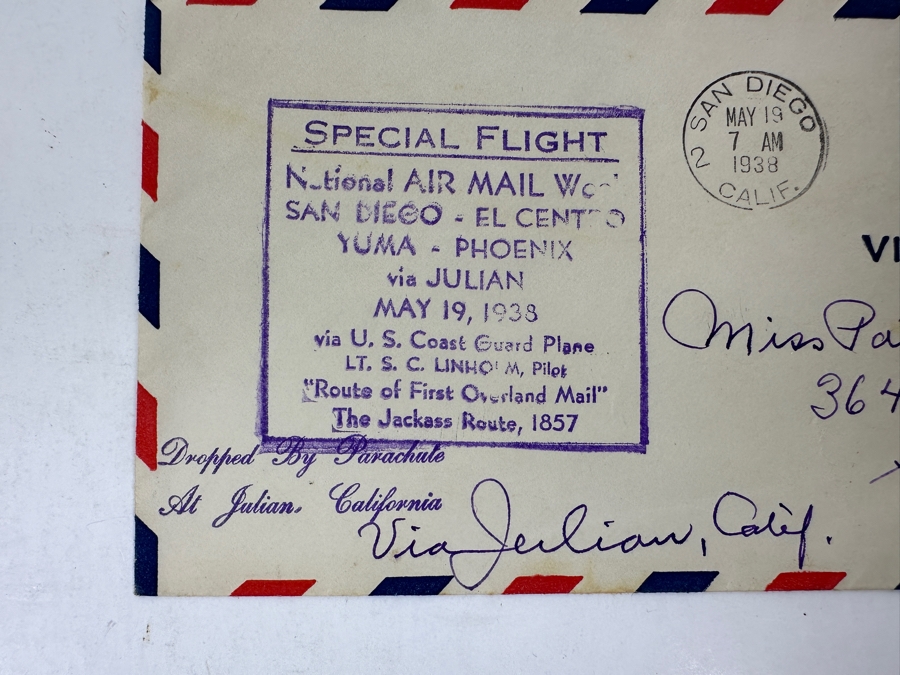 Vintage 1938 National Air Mail Service San Diego To El Centro, Yuma & Phoenix With A Stop In Julian Piloted By U.S. Coast Guard Pilot LT. S. C. Linhom “Route Of First Overland Mail” Jackass Route 1847 Dropped By Parachute At Julian First Day Cover Stamp [Photo 2]