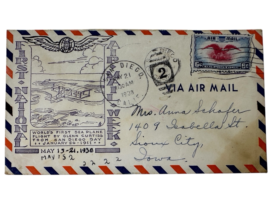 Vintage 1938 First National Air Mail Week First Day Cover Stamp Commemorating The World’s First Sea Plane Flight By Glenn Curtiss From San Diego Bay January 26, 1911