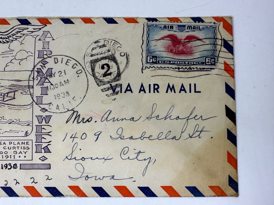 Vintage 1938 First National Air Mail Week First Day Cover Stamp Commemorating The World’s First Sea Plane Flight By Glenn Curtiss From San Diego Bay January 26, 1911 [Photo 3]