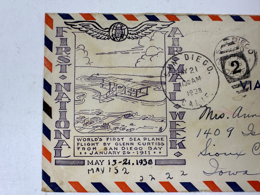 Vintage 1938 First National Air Mail Week First Day Cover Stamp Commemorating The World’s First Sea Plane Flight By Glenn Curtiss From San Diego Bay January 26, 1911 [Photo 2]