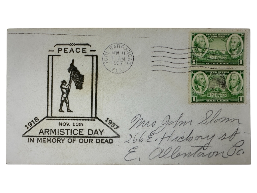 Vintage 1937 First Day Cover Stamp Armistice Day (Later Renamed Veterans Day) Peace Nov. 11th 1918-1937 In Memory Of Our Dead