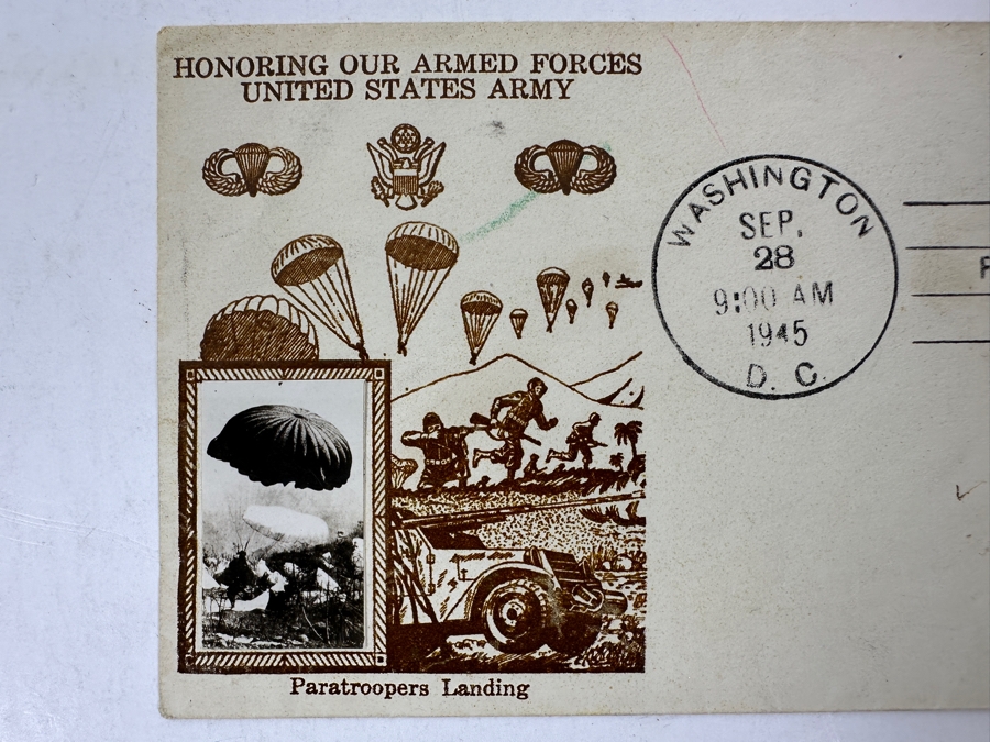 Vintage 1945 First Day Cover Stamp Honoring Our Armed Forces United States Army Paratroopers Landing [Photo 2]