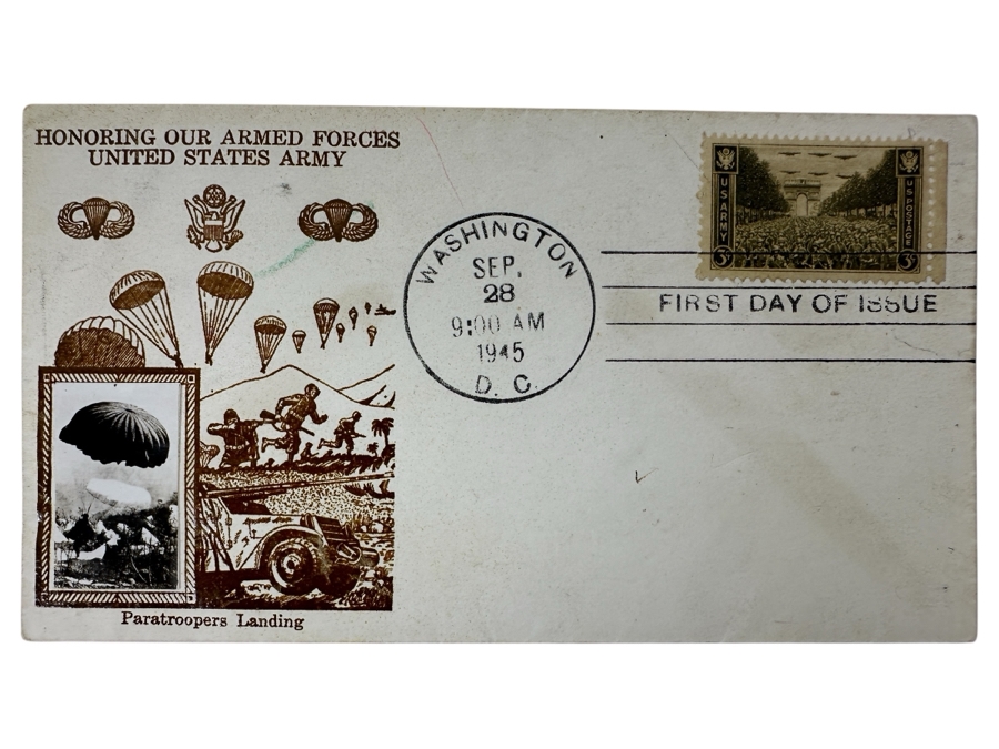 Vintage 1945 First Day Cover Stamp Honoring Our Armed Forces United States Army Paratroopers Landing