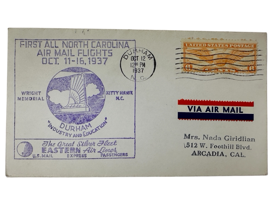 Vintage 1937 First Day Cover Stamp First All North Carolina Air Mail Flights Oct. 11-16, 1937 The Great Silver Fleet Eastern Air Lines U. S. Mail Express Wright Memorial Kitty Hawk, NC