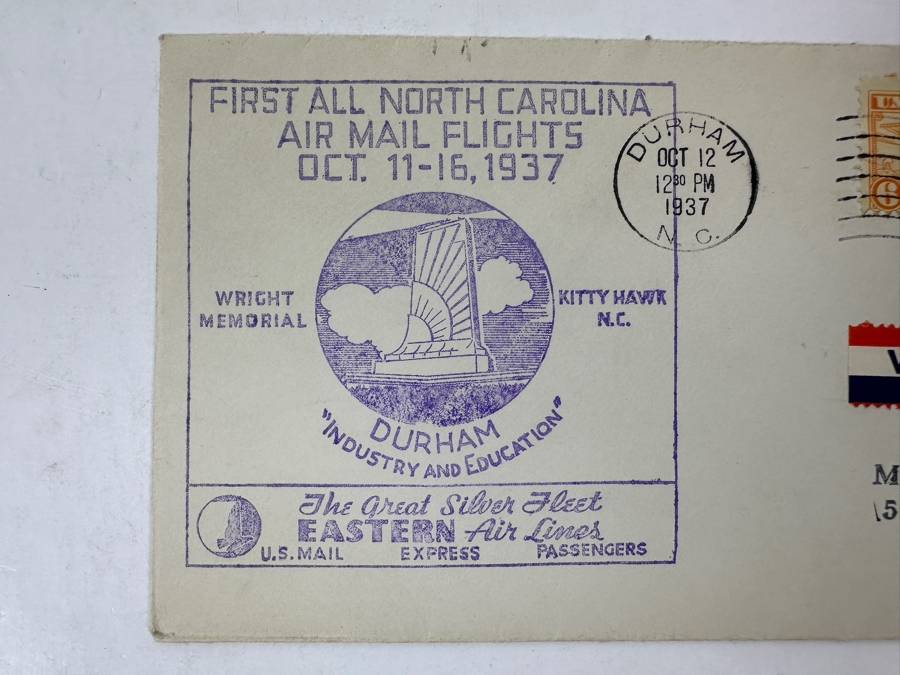 Vintage 1937 First Day Cover Stamp First All North Carolina Air Mail Flights Oct. 11-16, 1937 The Great Silver Fleet Eastern Air Lines U. S. Mail Express Wright Memorial Kitty Hawk, NC [Photo 2]