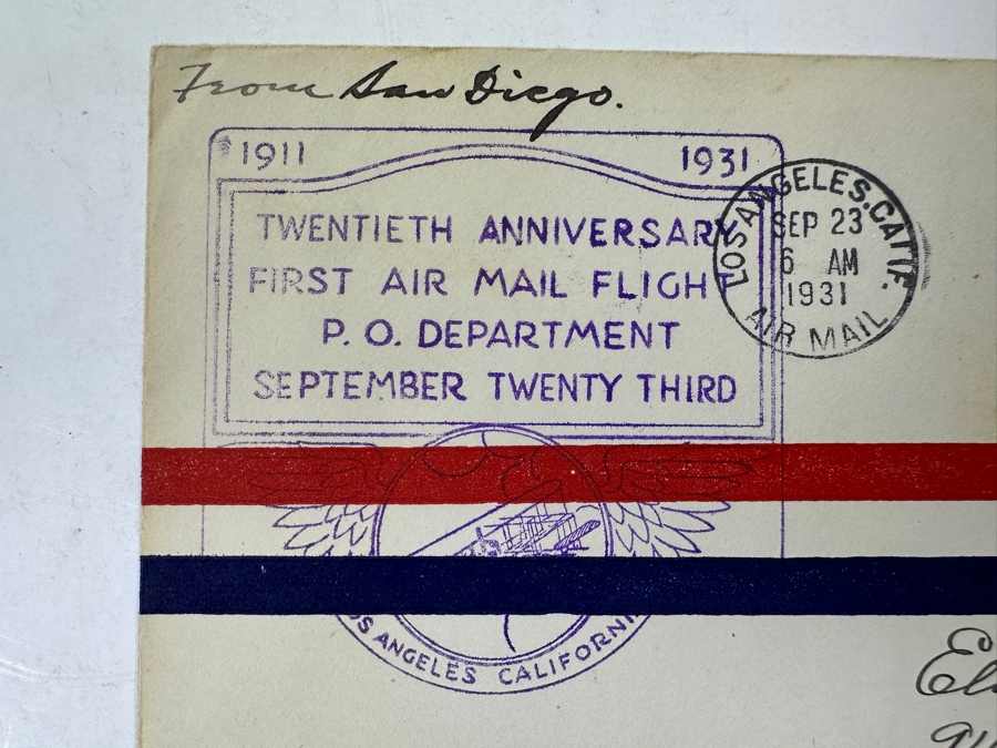 Vintage 1931 First Day Cover Stamp Twentieth Anniversary First Air Mail Flight 1911-1931 Los Angeles, California [Photo 2]