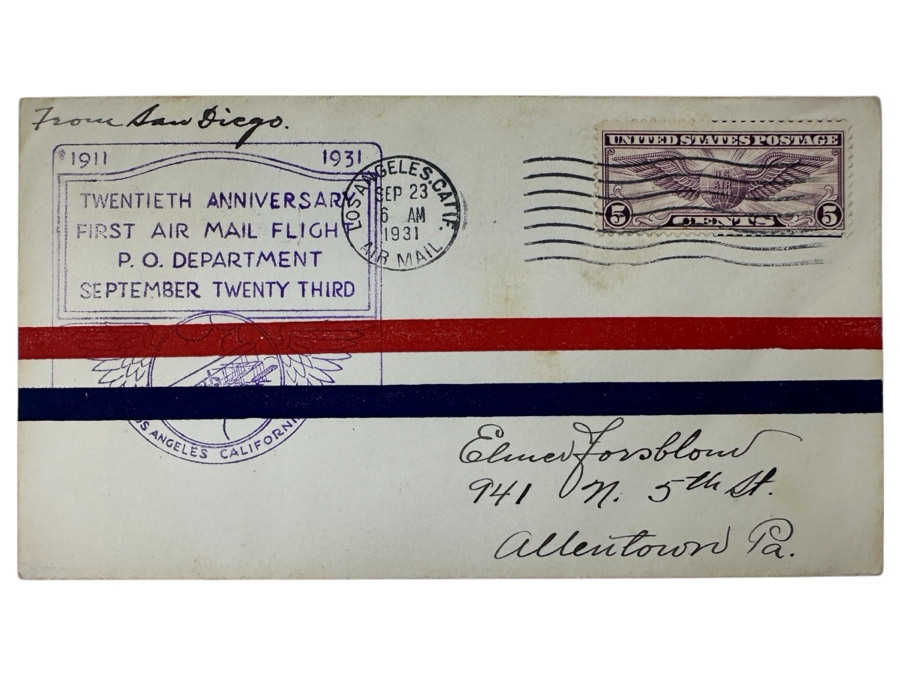 Vintage 1931 First Day Cover Stamp Twentieth Anniversary First Air Mail Flight 1911-1931 Los Angeles, California