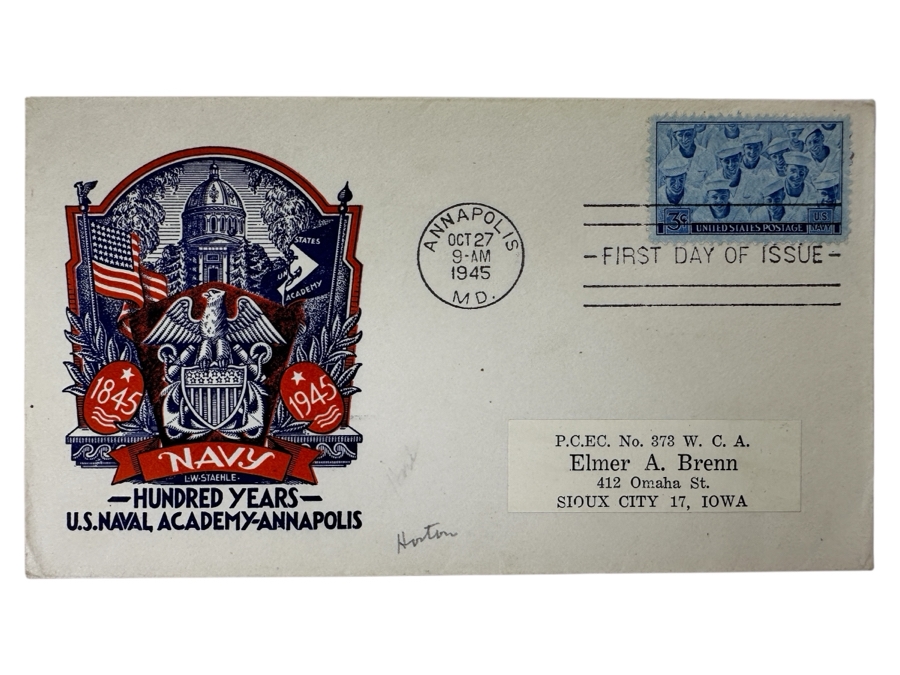 Vintage 1945 First Day Cover Stamp Commemorating The 100th Anniversary Of The U.S. Naval Academy In Annapolis, Maryland 1845-1945