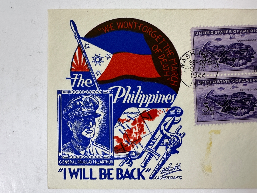 Vintage 1944 First Day Cover Stamps Commemorating General Douglas MacArthur’s Promise To Return To The Philippines “I Will Be Back” Bataan Death March “We Won’t Forget The March Of Death” [Photo 2]