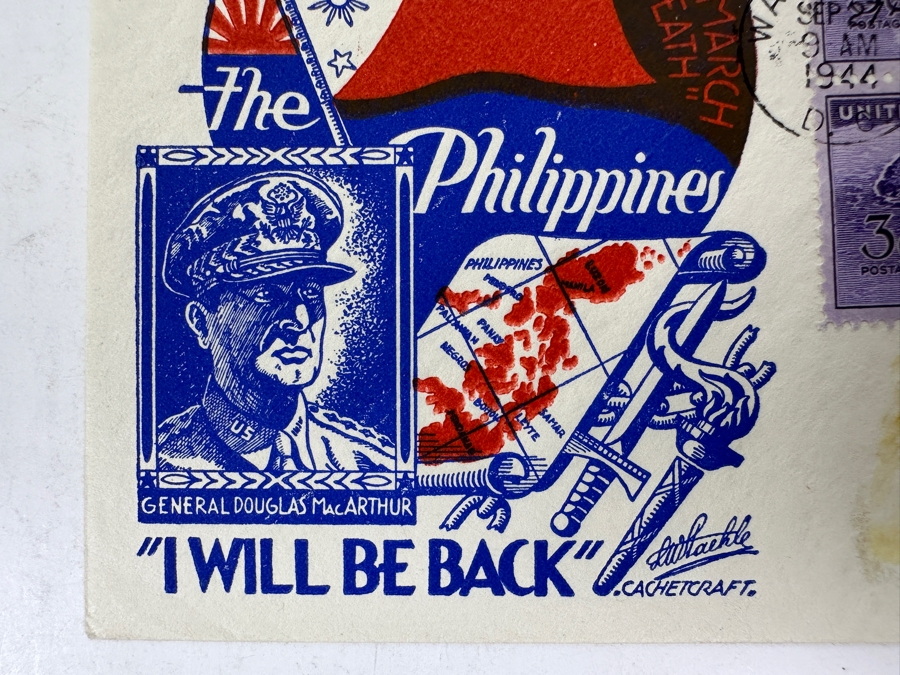 Vintage 1944 First Day Cover Stamps Commemorating General Douglas MacArthur’s Promise To Return To The Philippines “I Will Be Back” Bataan Death March “We Won’t Forget The March Of Death” [Photo 3]