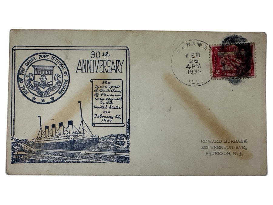 Vintage 1934 First Day Cover Stamp Commemorating 30th Anniversary Of The United States Acquiring The Canal Zone Of The Isthmus Of Panama February 26, 1904