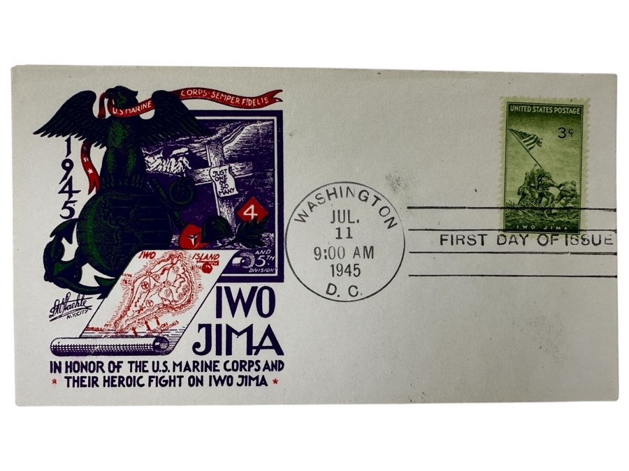 Vintage 1945 First Day Cover Stamp Honoring The U.S. Marine Corps And Their Heroic Fight On Iwo Jima During World War II