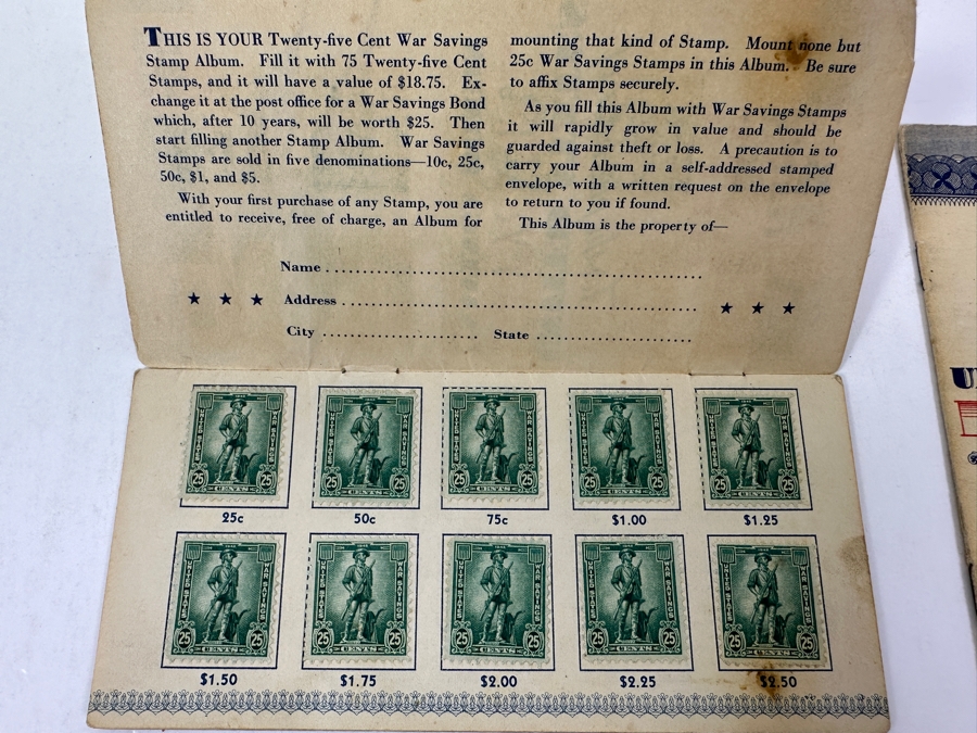 (3) United States War Savings Bond Books: 25 Cent Album, 10 Cent Defense Stamp Album & 25 Cent Album - See Photos [Photo 4]