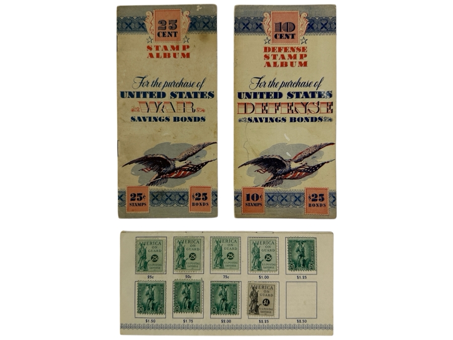 (3) United States War Savings Bond Books: 25 Cent Album, 10 Cent Defense Stamp Album & 25 Cent Album - See Photos