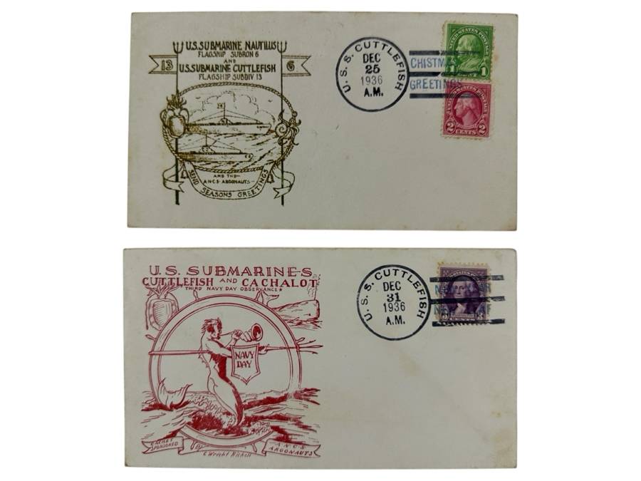 Vintage 1936 First Day Cover Stamps Commemorating The USS Nautilus And USS Cuttlefish Submarines US Navy