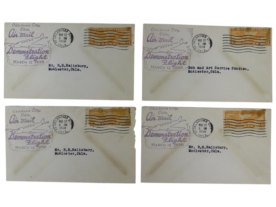(4) Vintage 1938 First Day Cover Stamps Commemorating The Oklahoma City, OK Air Mail Demonstration Flight March 12, 1938