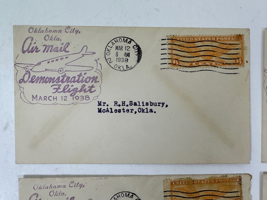 (4) Vintage 1938 First Day Cover Stamps Commemorating The Oklahoma City, OK Air Mail Demonstration Flight March 12, 1938 [Photo 2]