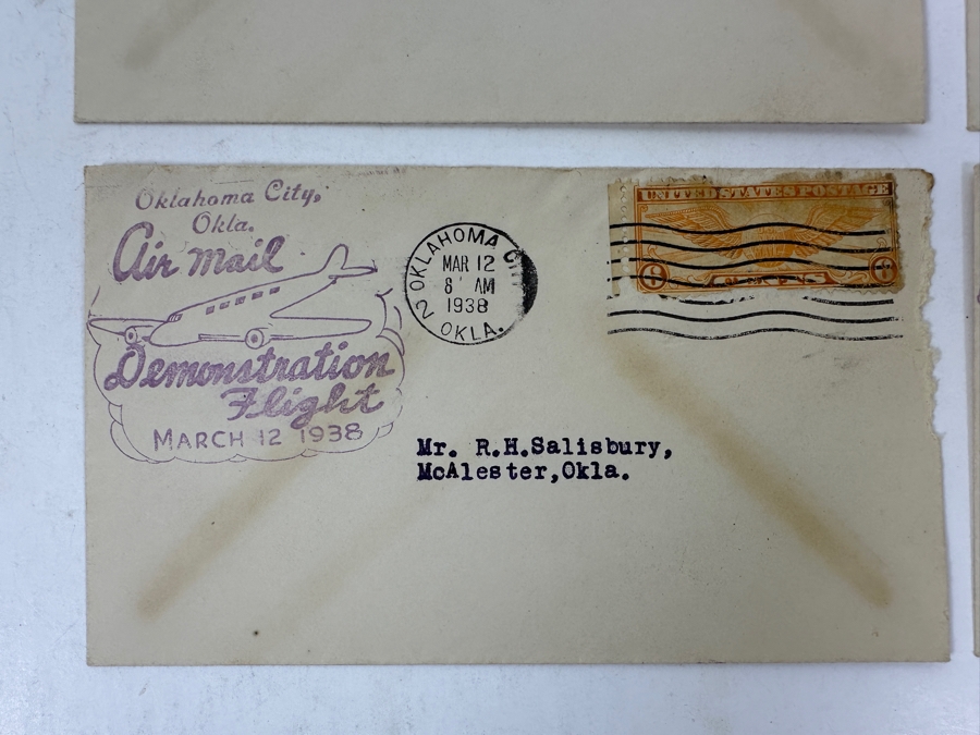 (4) Vintage 1938 First Day Cover Stamps Commemorating The Oklahoma City, OK Air Mail Demonstration Flight March 12, 1938 [Photo 5]