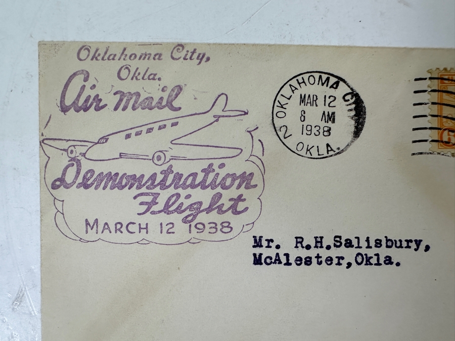 (4) Vintage 1938 First Day Cover Stamps Commemorating The Oklahoma City, OK Air Mail Demonstration Flight March 12, 1938 [Photo 3]