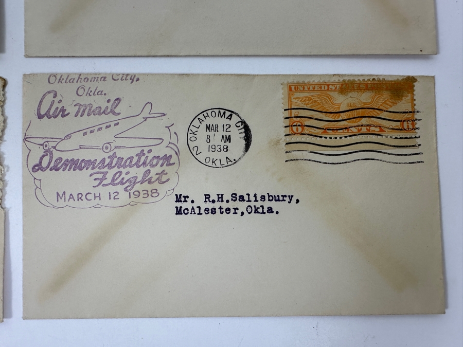 (4) Vintage 1938 First Day Cover Stamps Commemorating The Oklahoma City, OK Air Mail Demonstration Flight March 12, 1938 [Photo 7]