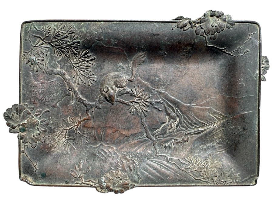 Antique Asian Metal Trinket Dish Decorated In Relief 6” X 4”