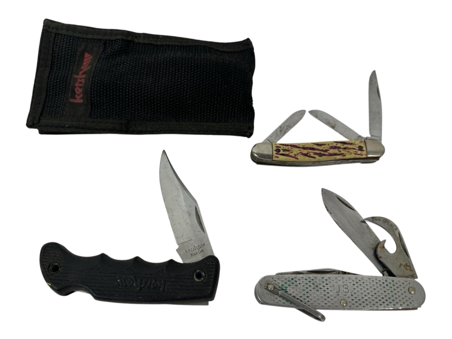 Vintage US Military Camillus Multi-Tool Knife, Kershaw Black Colt Pocket Knife & 3 Blade Sharp Pocket Knife