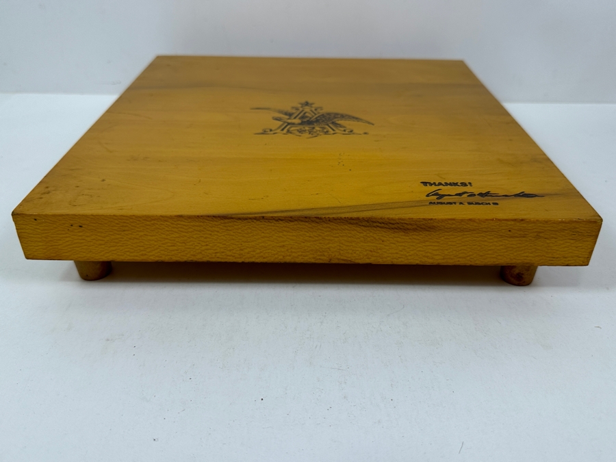 Anheuser-Busch Advertising Footed Wooden Cutting Board “Thanks! August A. Busch” 12W X 12D X 2.25H [Photo 5]