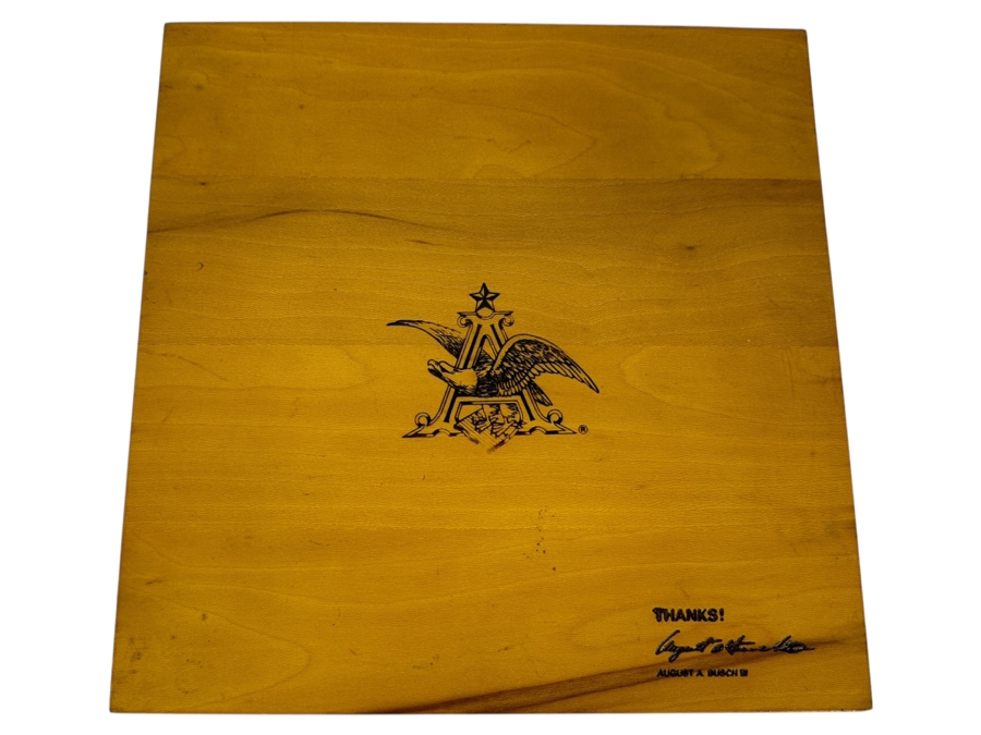 Anheuser-Busch Advertising Footed Wooden Cutting Board “Thanks! August A. Busch” 12W X 12D X 2.25H